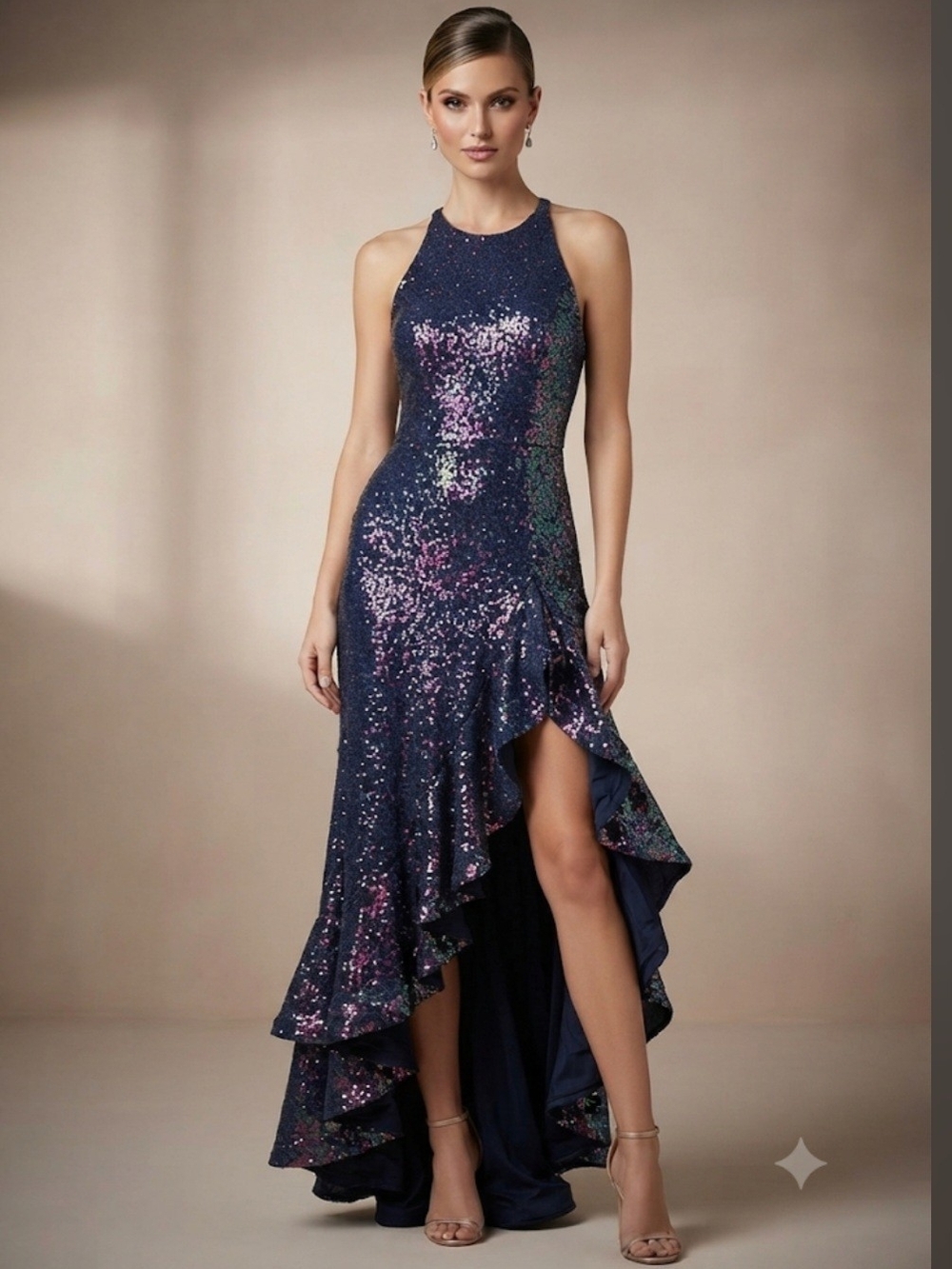 Betsy & Adam Navy Iridescent Sequin High-Low Halter Dress